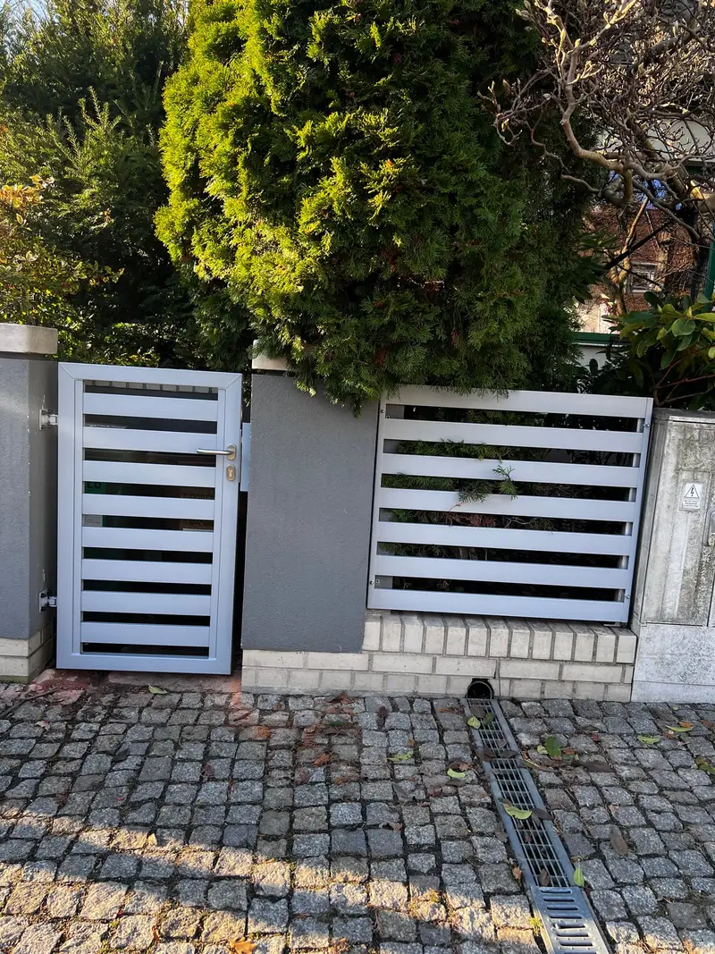 Srebrna furtka i przęsło przed tujami, chodnik z kostki granitowej