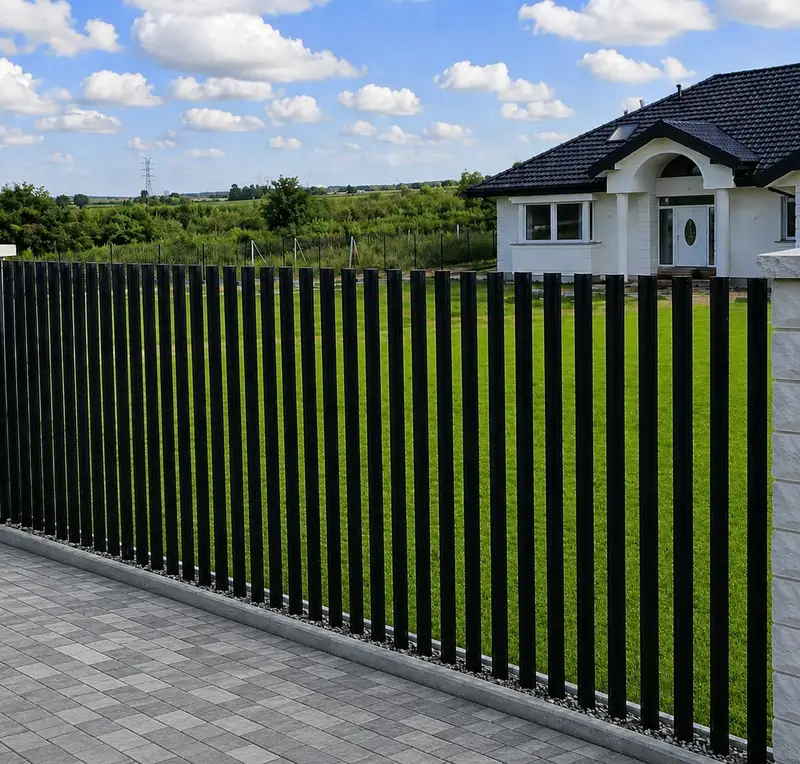 Czarne ogrodzenie z pionowych profili wzdłuż trawnika przed domem